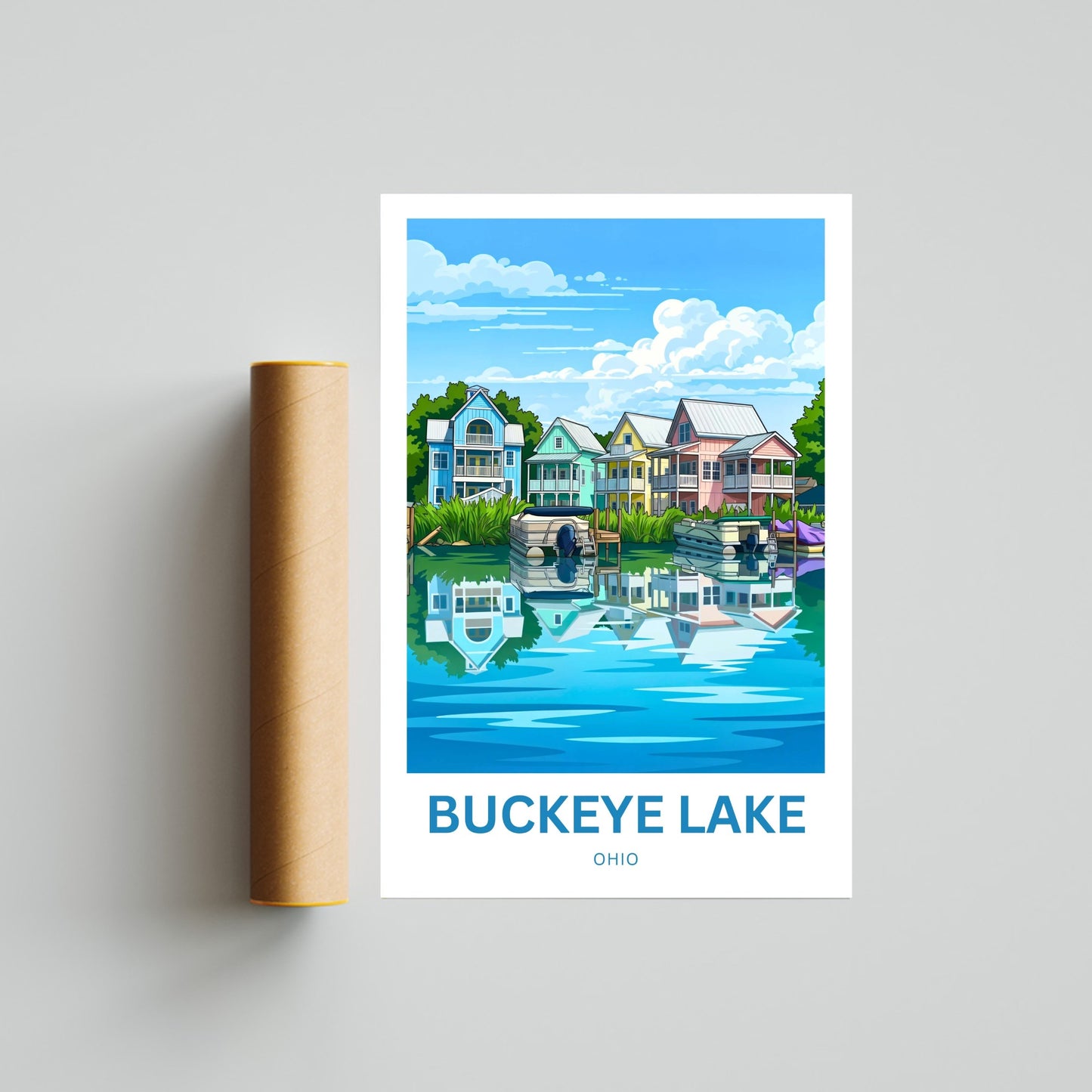 Buckeye Lake Travel Poster -  Colorful House in the Lake