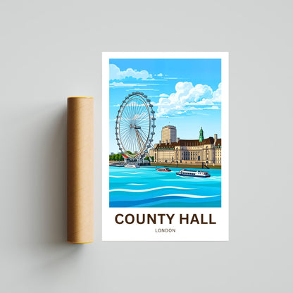 County Hall and the iconic London Eye Travel Poster