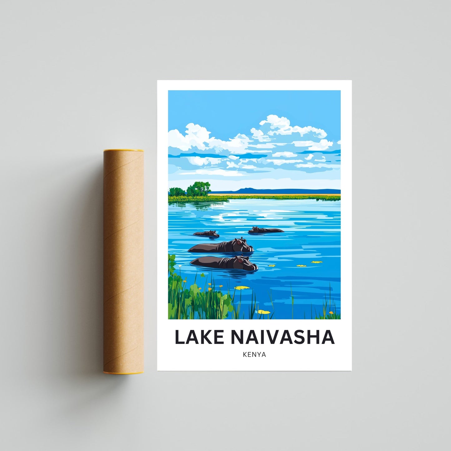 Lake Naivasha Travel Poster - Serene Lake and Hippos