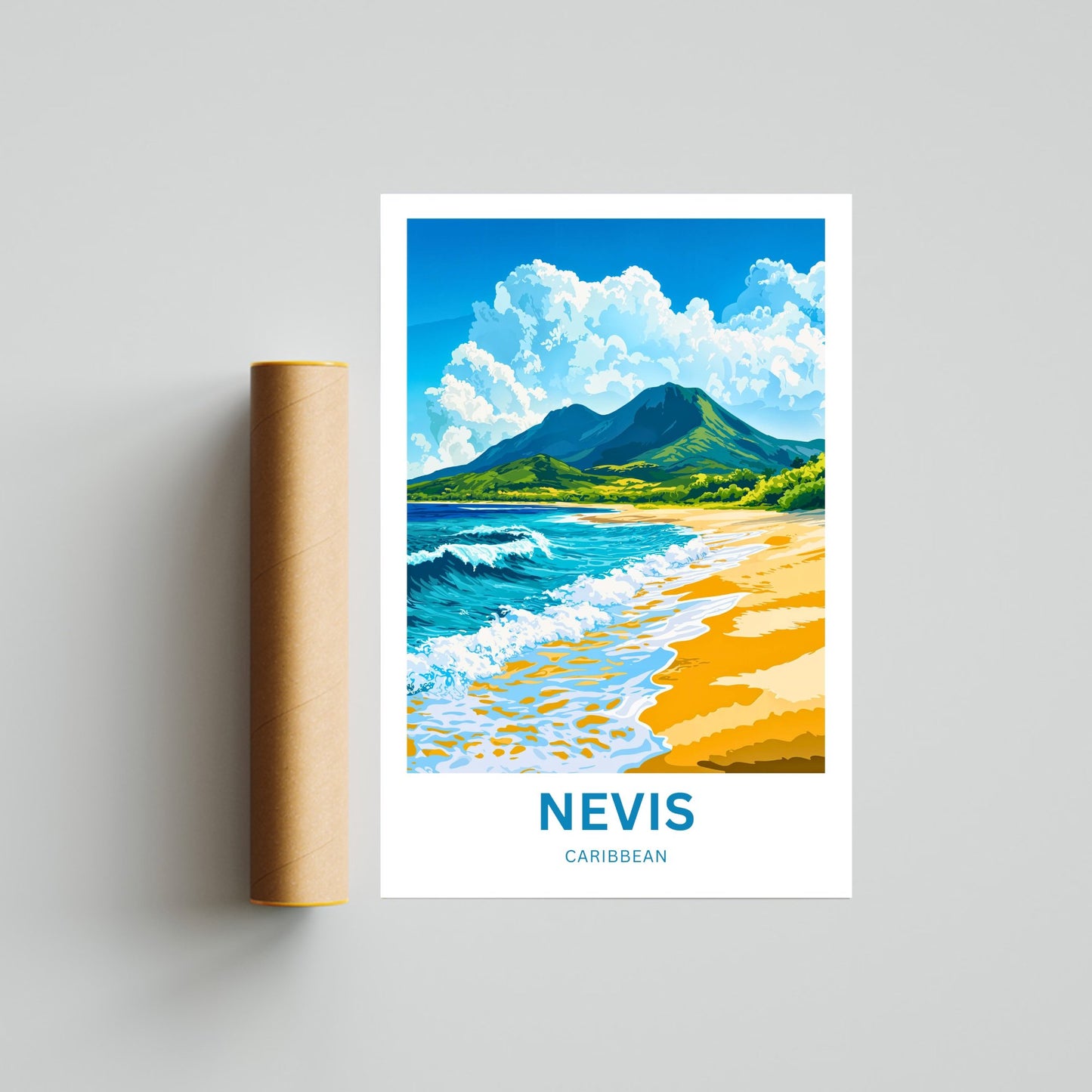 Nevis Travel Poster - Breathtaking Beach View in Caribbean Island