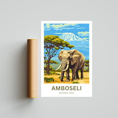 Amboseli National Park Travel Poster  - Charming Elephant and Breathtaking view of Kilimanjaro