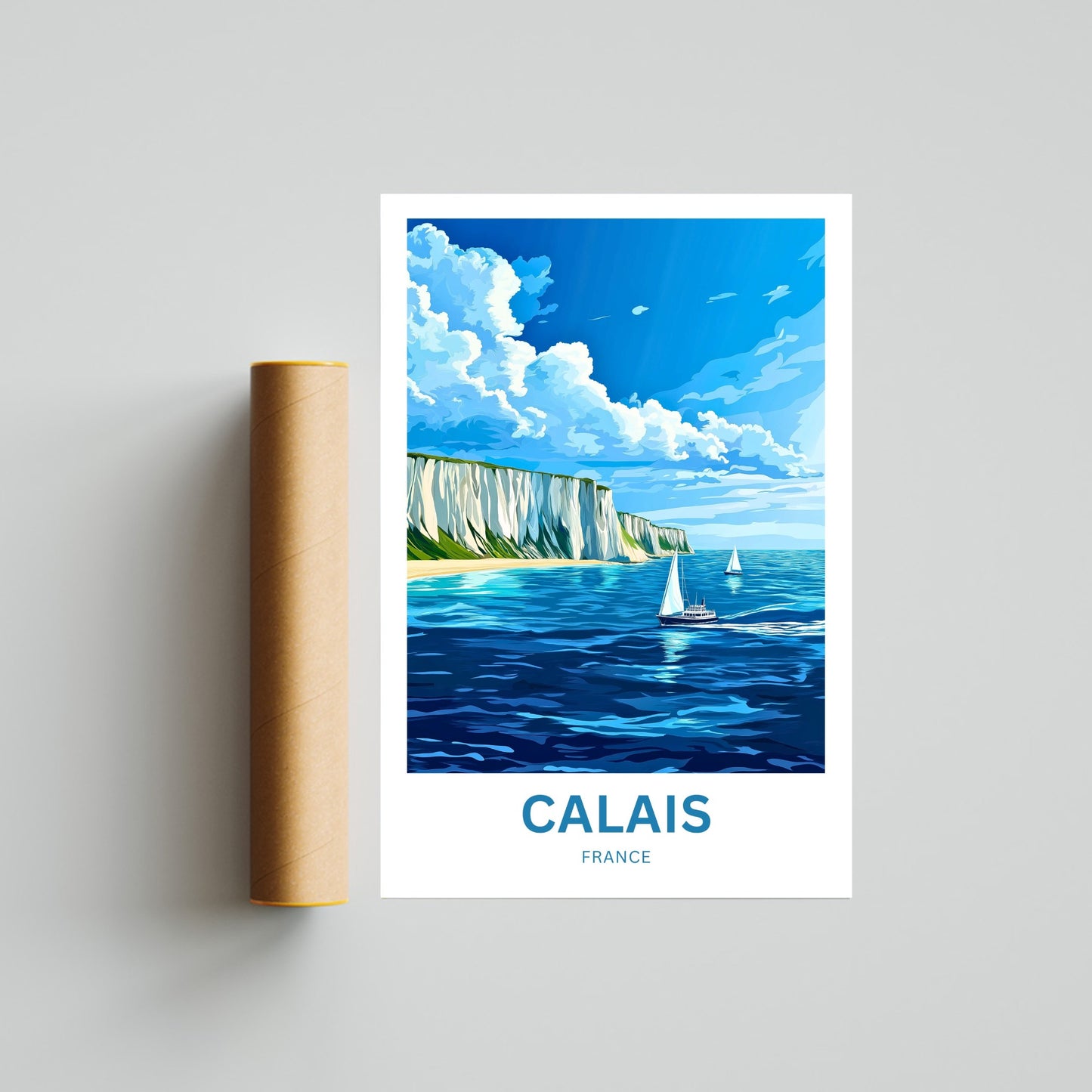 Calais Travel Poster - Captivating White Cliffs and boats