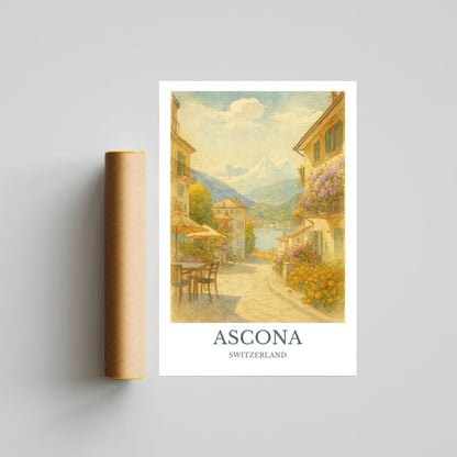 Ascona, Watercolor design poster, Switzerland Print, Ascona Wall Art