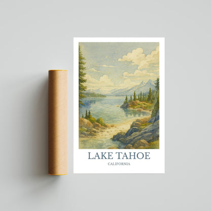 Lake Tahoe, Watercolor design poster, California Print, Lake Tahoe Wall Art