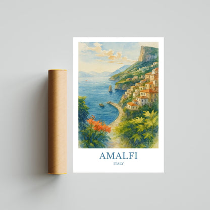 Amalfi, Watercolor design poster,  Italy Print, Amalfi Wall Art