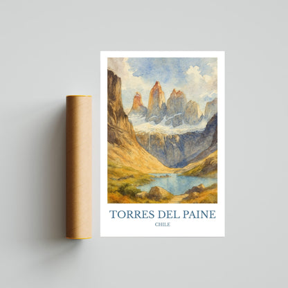 Torres del Paine, Watercolor design poster, Chile Print, Torres del Paine Wall Art