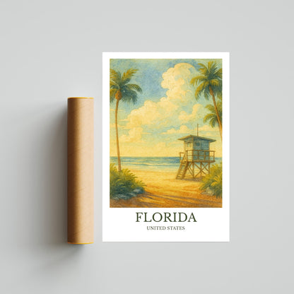 Florida, Watercolor design poster, United States Print, Florida Wall Art
