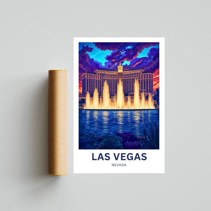 Las Vegas Travel Poster - Captivating Evening View of Bellagio fountains Nevada