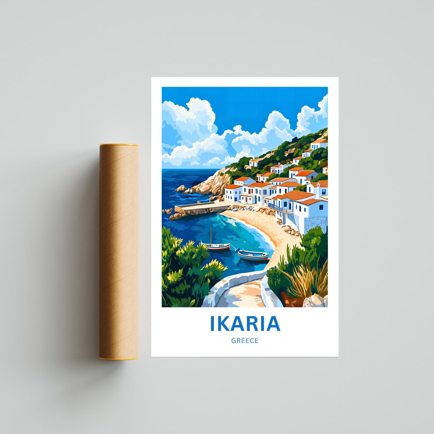 Ikaria Beach Travel Poster  - Whitewashed houses Coastal Life
