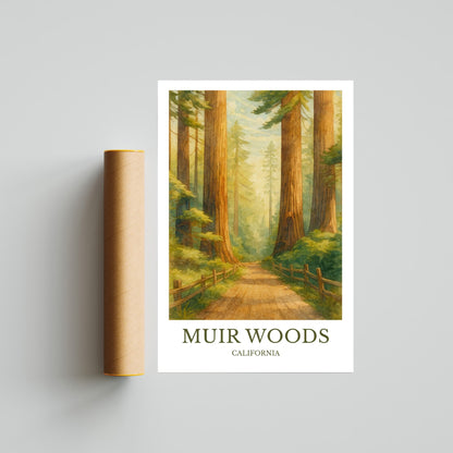 Muir Woods, Watercolor design poster, California Print, Muir Woods Wall Art
