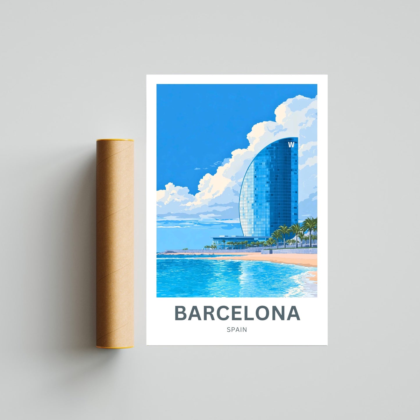 Barcelona Travel Poster  - Glass Tower by the Beach