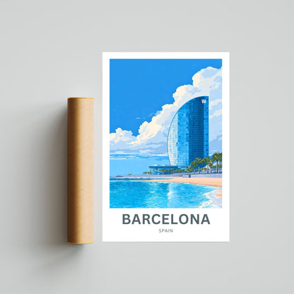 Barcelona Travel Poster  - Glass Tower by the Beach