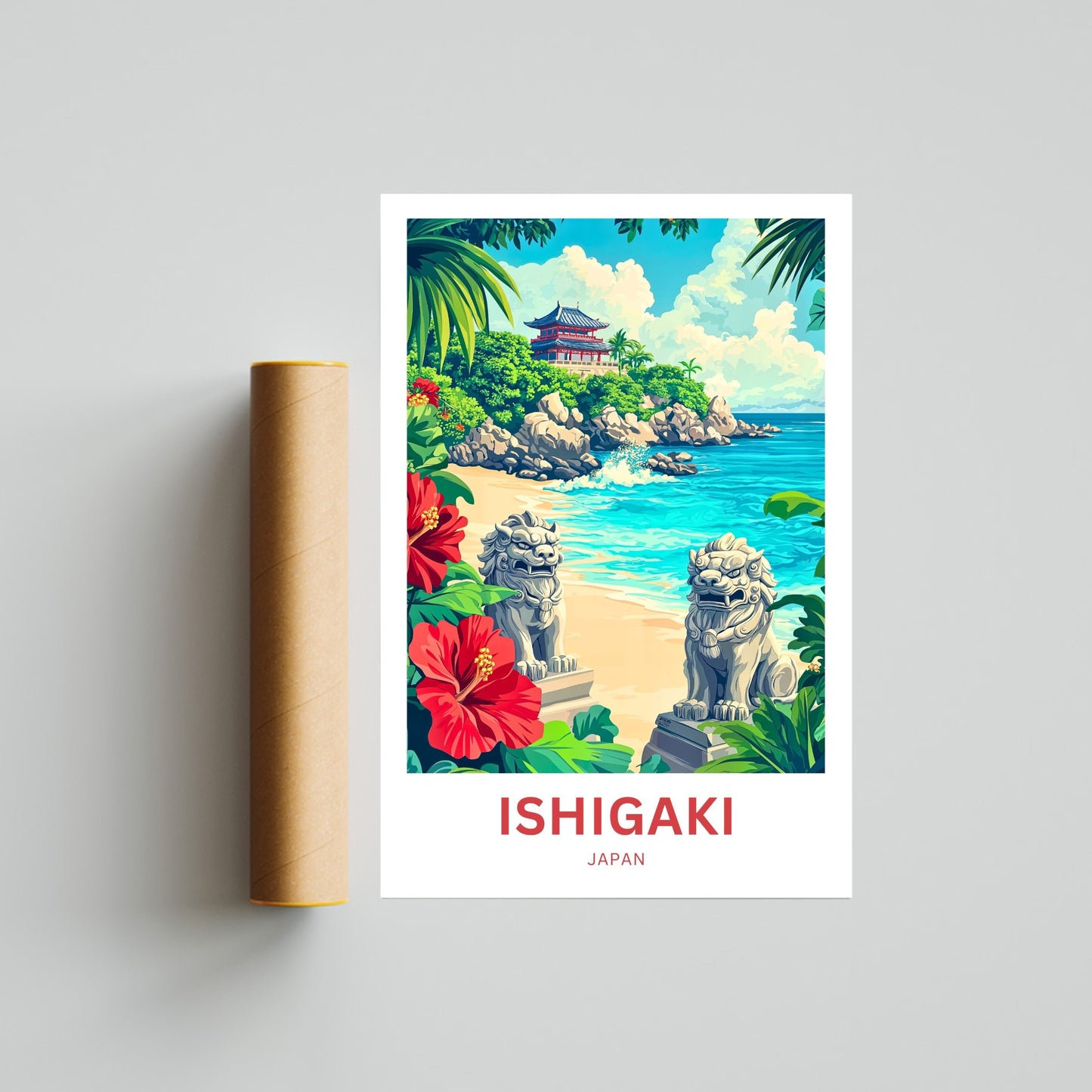 Ishigaki Travel Poster - Ryukyu Guardians on the Beach