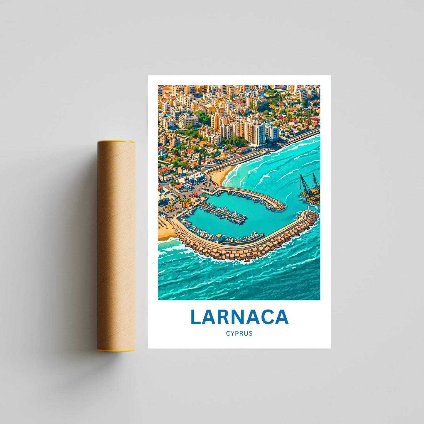 Larnaca Travel Poster - Island Seaside Aerial View