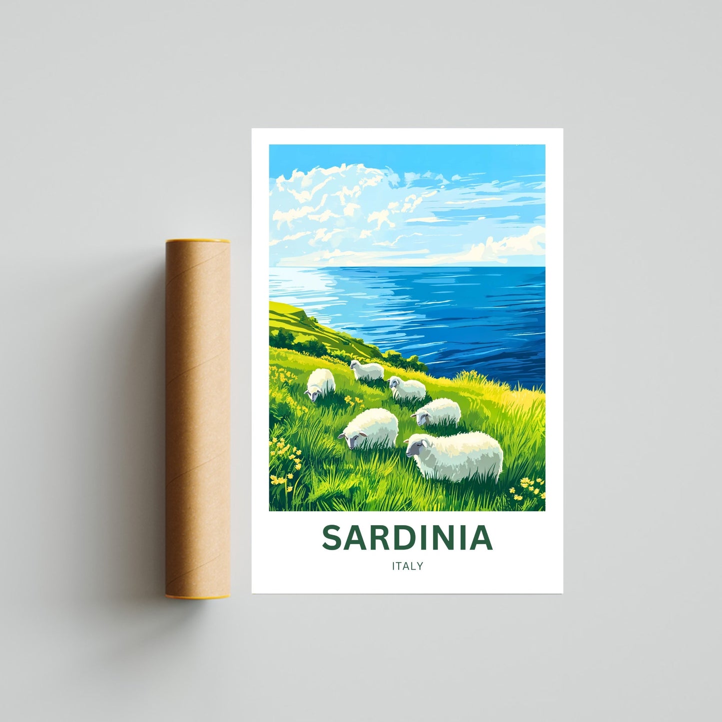 Sardinia Travel Poster - Sardinian Hill and sheeps