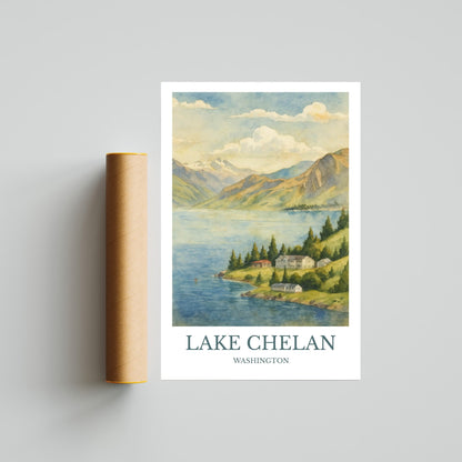 Lake Chelan, Watercolor design poster, Washington Print, Lake Chelan Wall Art