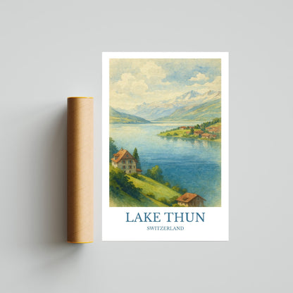 Lake Thun, Watercolor design poster, Switzerland Print, Lake Thun Wall Art