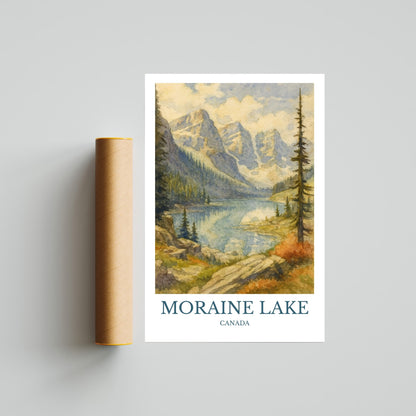 Moraine Lake, Watercolor design poster, Canada Print, Moraine Lake Wall Art