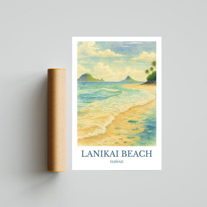 Lanikai Beach, Watercolor design poster, Hawaii Print, Lanikai Beach Wall Art