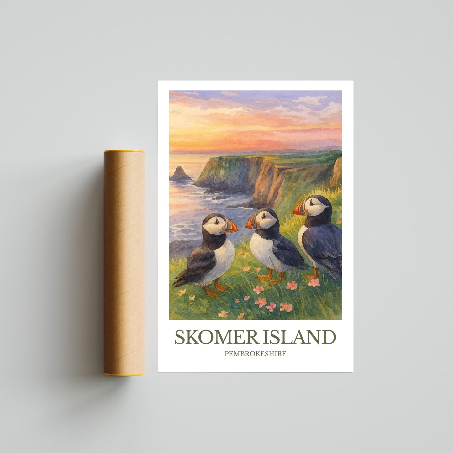 Skomer Island, Watercolor design poster, Pembrokeshire Print, Skomer Island Wall Art