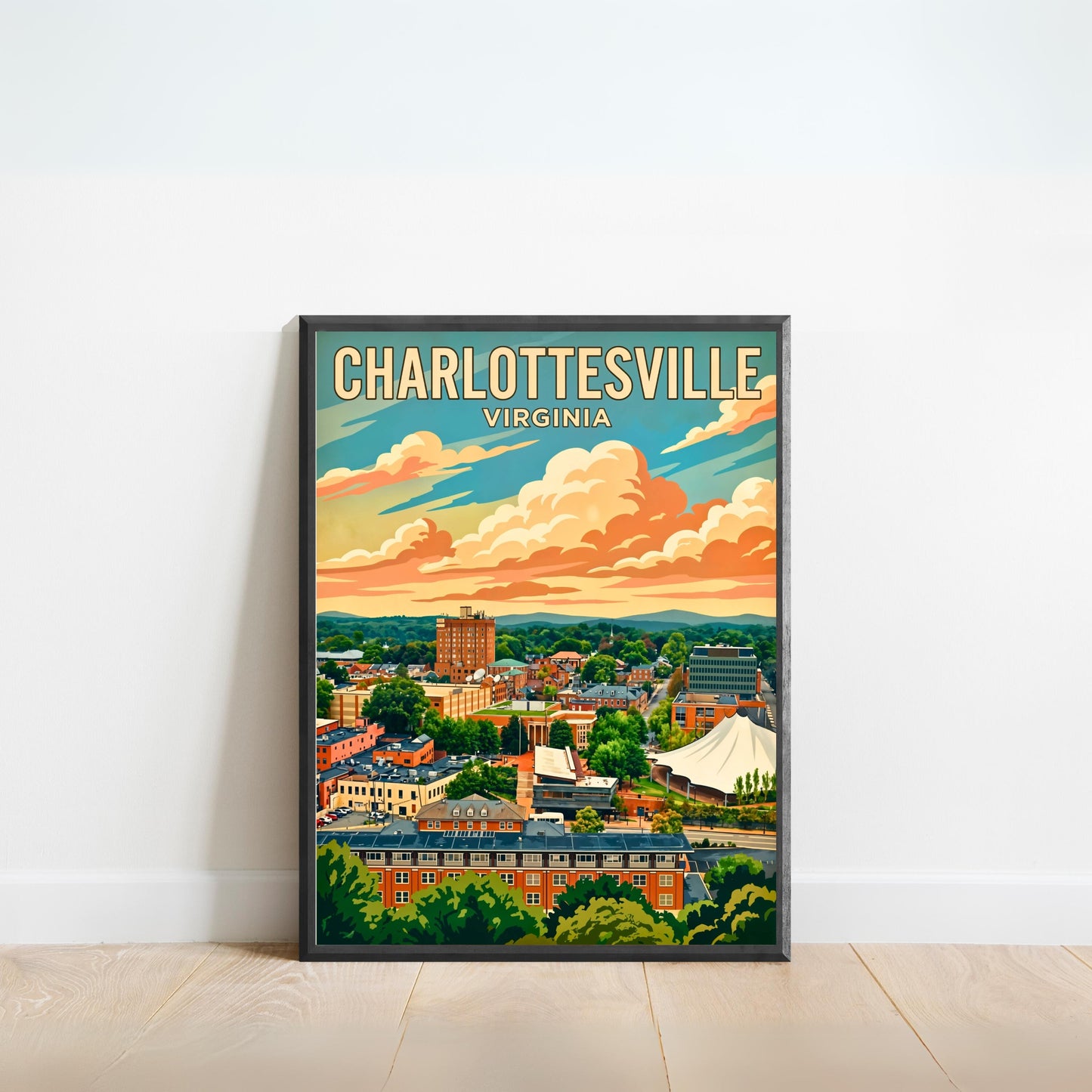 Charlottesville Skyline Vintage Travel Poster