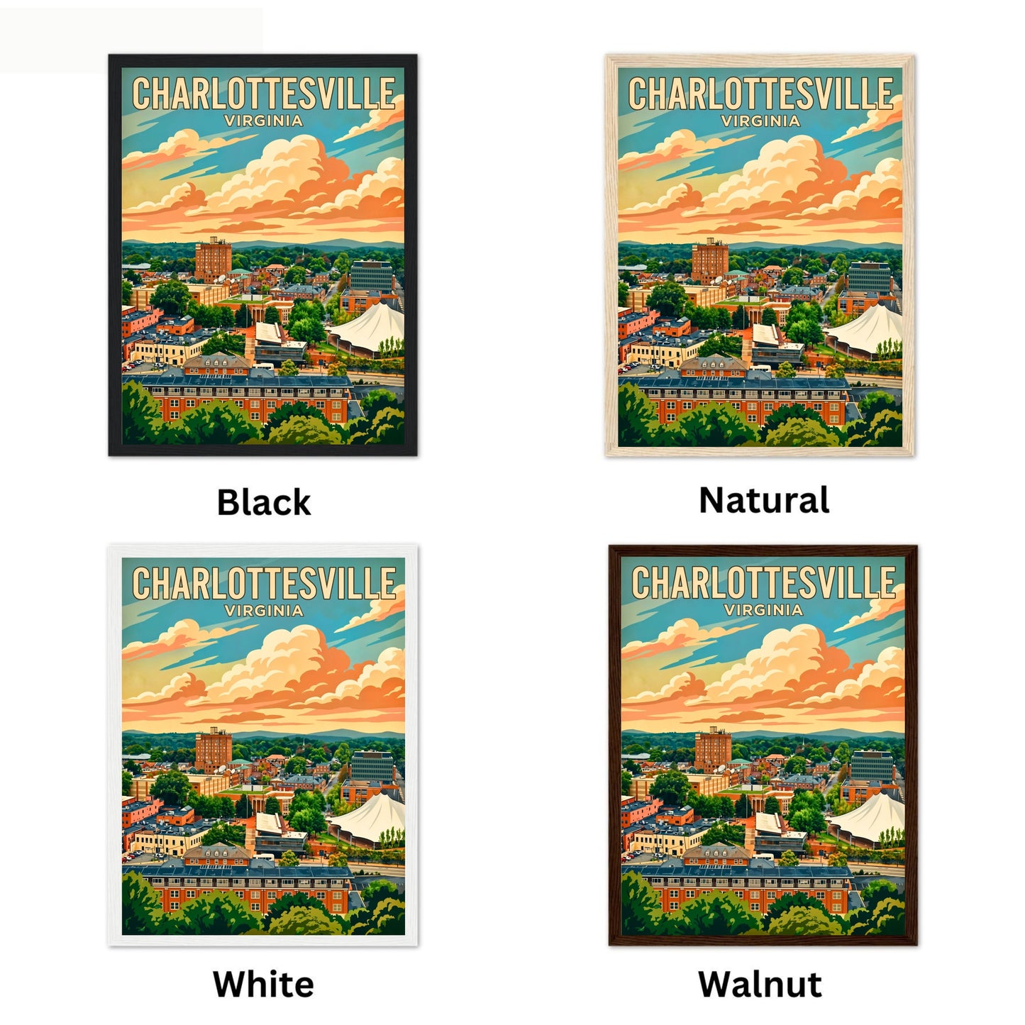 Charlottesville Skyline Vintage Travel Poster