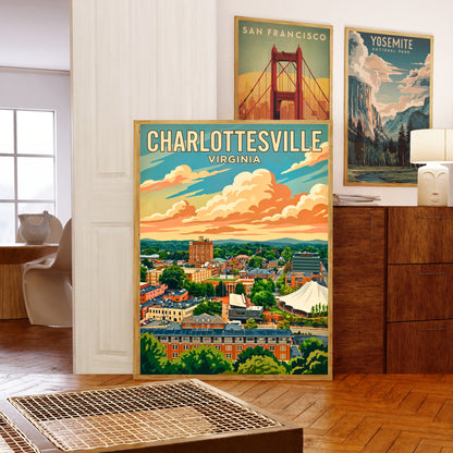 Charlottesville Skyline Vintage Travel Poster