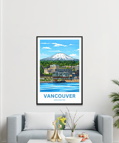 Vancouver Travel Poster - Washington River and Mountain View