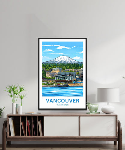 Vancouver Travel Poster - Washington River and Mountain View