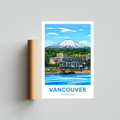 Vancouver Travel Poster - Washington River and Mountain View
