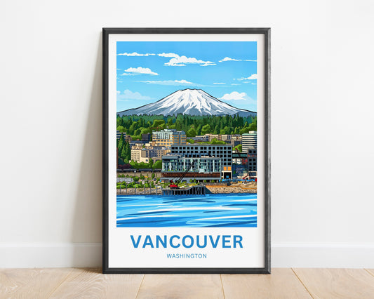 Vancouver Travel Poster - Washington River and Mountain View