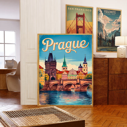 Prague Vintage Travel Poster - Golden Hour in Prague