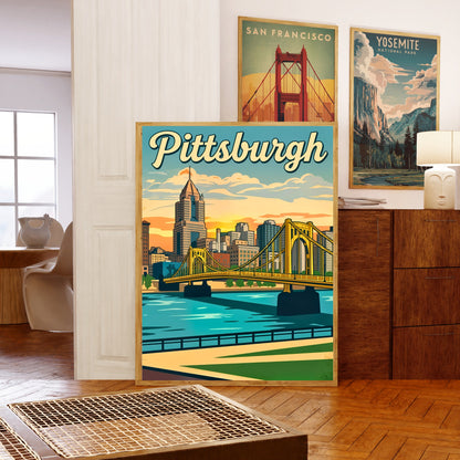 Pittsburgh Vintage Travel Poster- Yellow Bridge