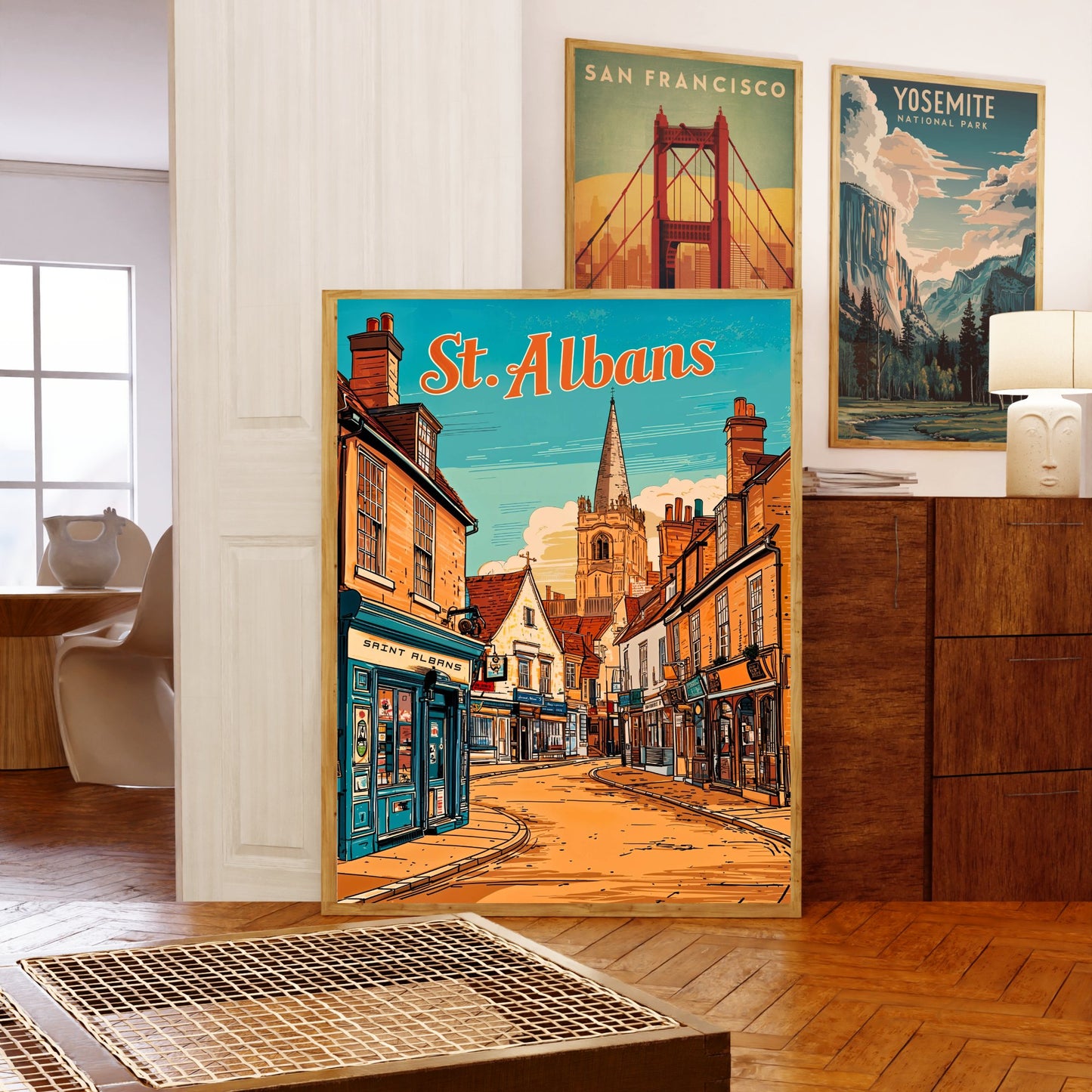 St. Albans Vintage Travel Poster - Charming Street Town View