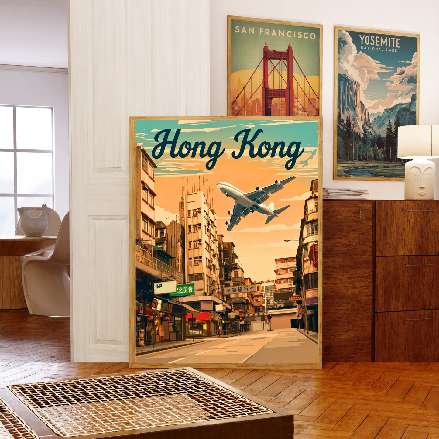 Hong Kong Vintage Travel Poster - Flying into Kai Tak