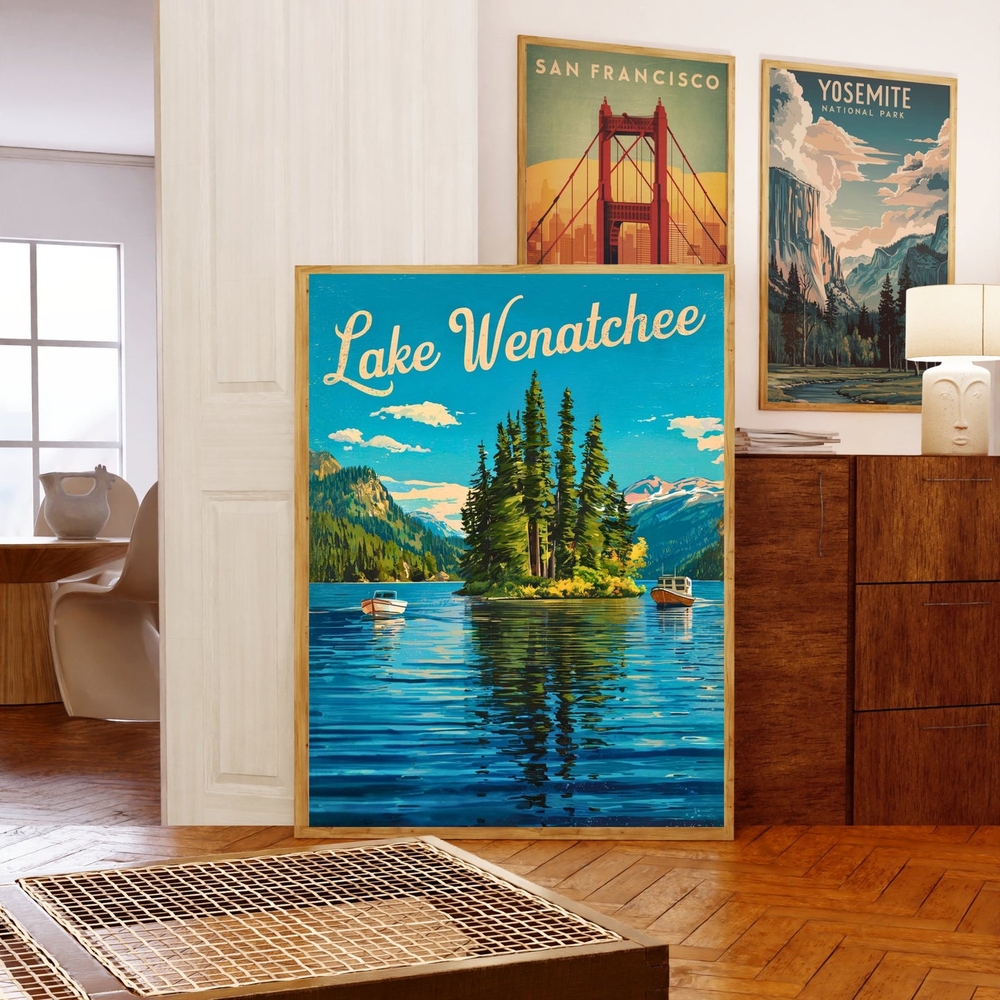 Lake Wenatchee Vintage Travel Poster - Captivating Serene Lake and Boats View Washington