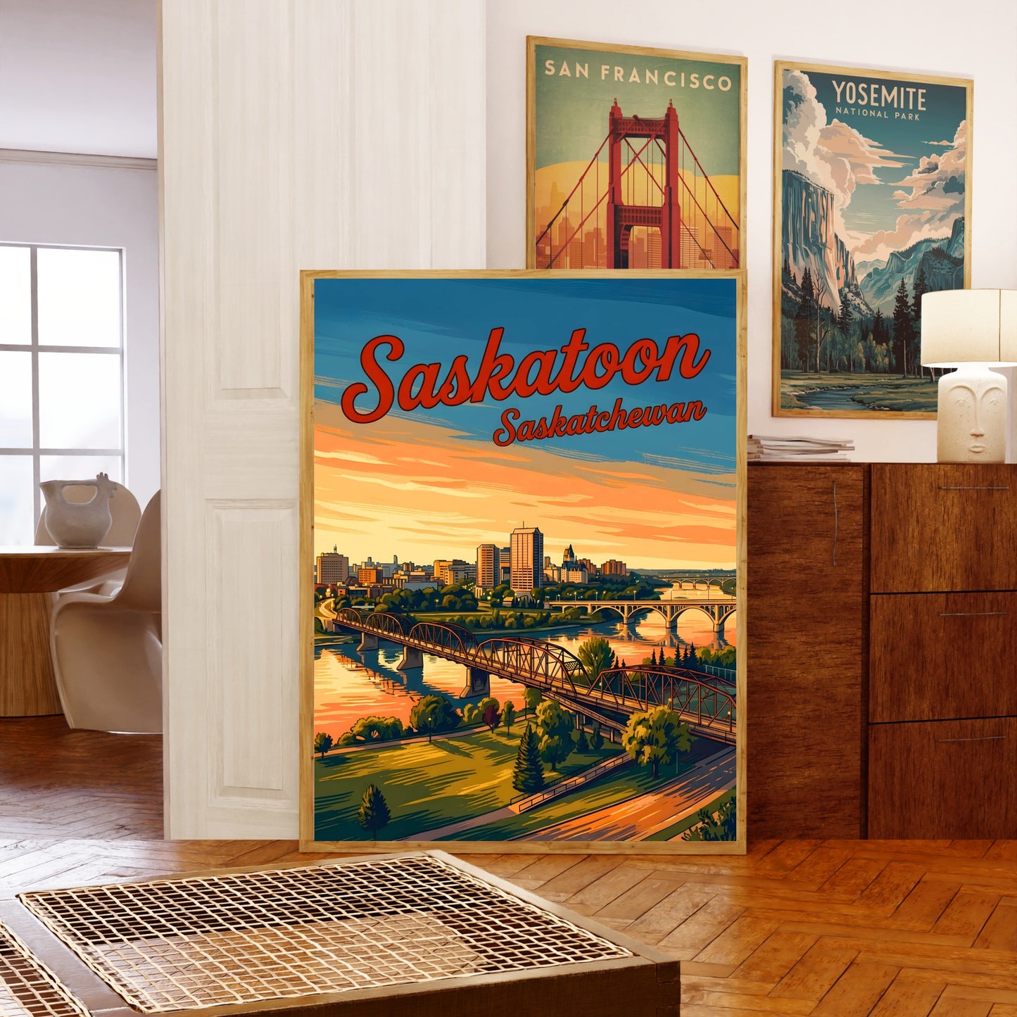 Saskatoon Vintage Travel Poster - Riverside City Sunset View