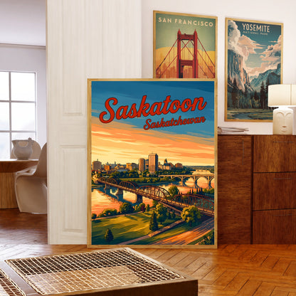 Saskatoon Vintage Travel Poster - Riverside City Sunset View