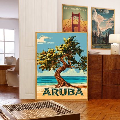 Aruba Vintage Travel Poster - Iconic Tree in Caribbean Island
