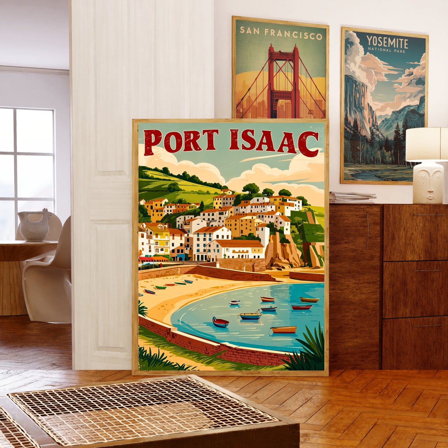 Port Isaac Vintage Travel Poster - England Coastal Village and Harbor View