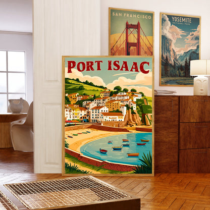 Port Isaac Vintage Travel Poster - England Coastal Village and Harbor View