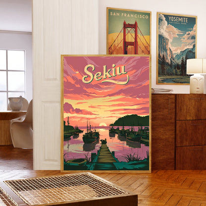 Sekiu Vintage Travel Poster - Captivating Sunset View of Washington Coast.