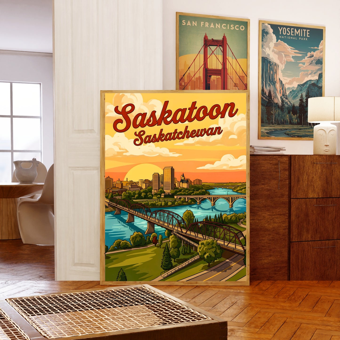 Saskatoon Vintage Travel Poster - River Sunset View