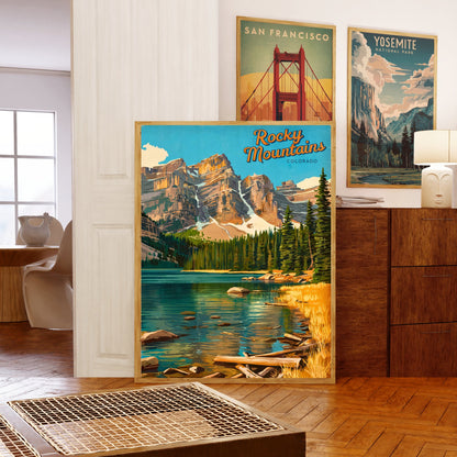 Rocky Mountains Vintage Travel Poster  - Serene Wilderness and Alpine Views