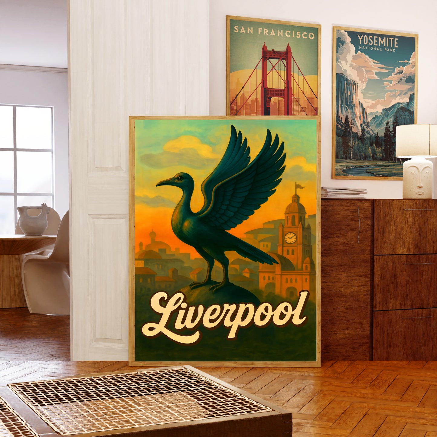 Liverpool Vintage Travel Poster - The Liver Birds, iconic symbols of Liverpool
