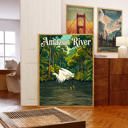 Amazon River Vintage Travel Poster - White Heron in Flight