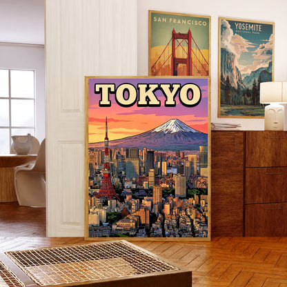 Tokyo Vintage Travel Poster - Iconic Tower and Mount Fuji