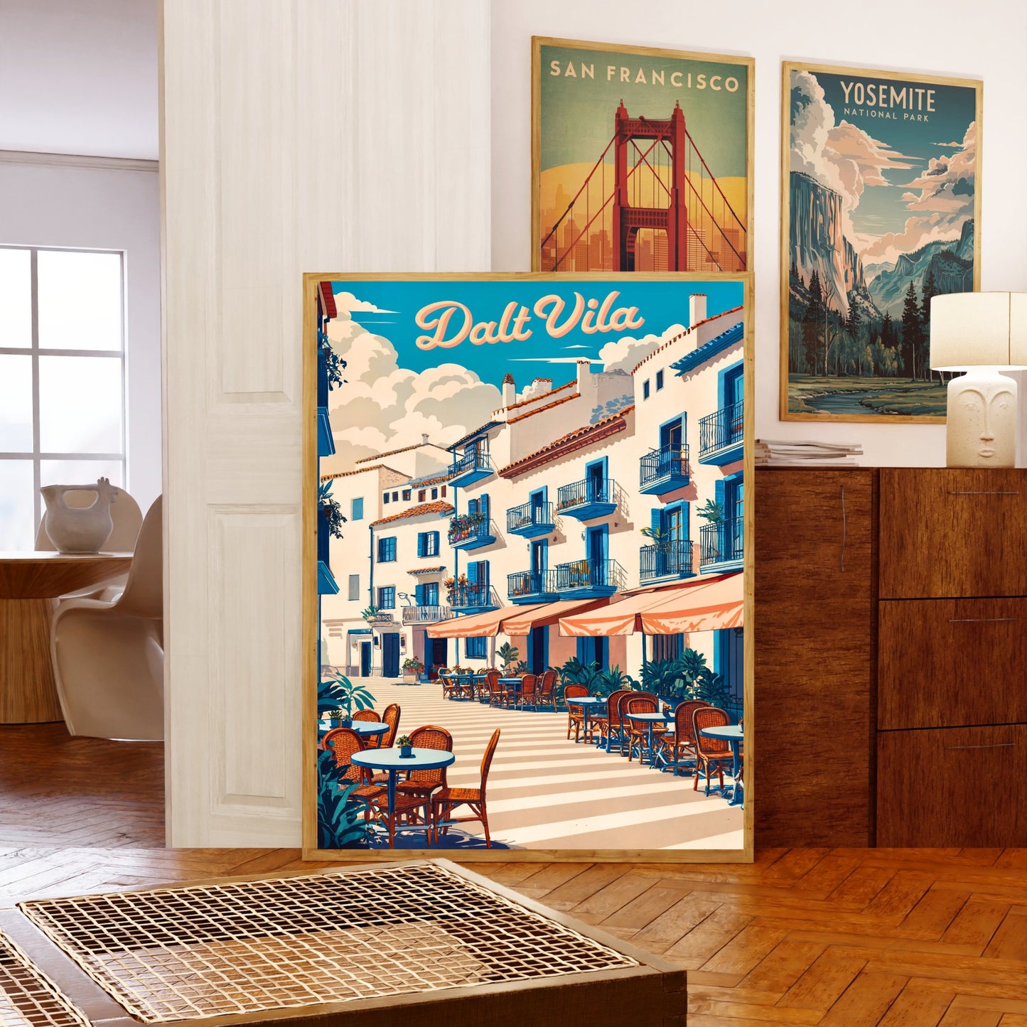 Dalt Vila Vintage Travel Poster - Charming Street and Cafes in Ibiza