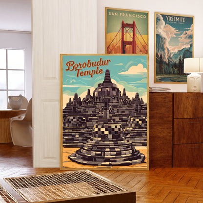 Borobudur Temple Vintage Travel Poster - Indonesia's Ancient Temple