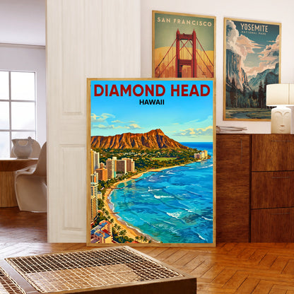 Diamond Head Vintage Travel Poster - Waikiki Hawaii